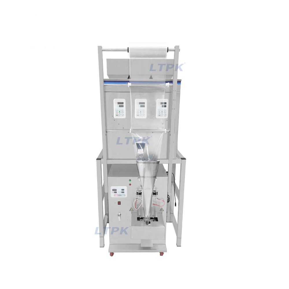 automatic three-vibration hoppers filling film packaging machine for flour, rice, coffee powder